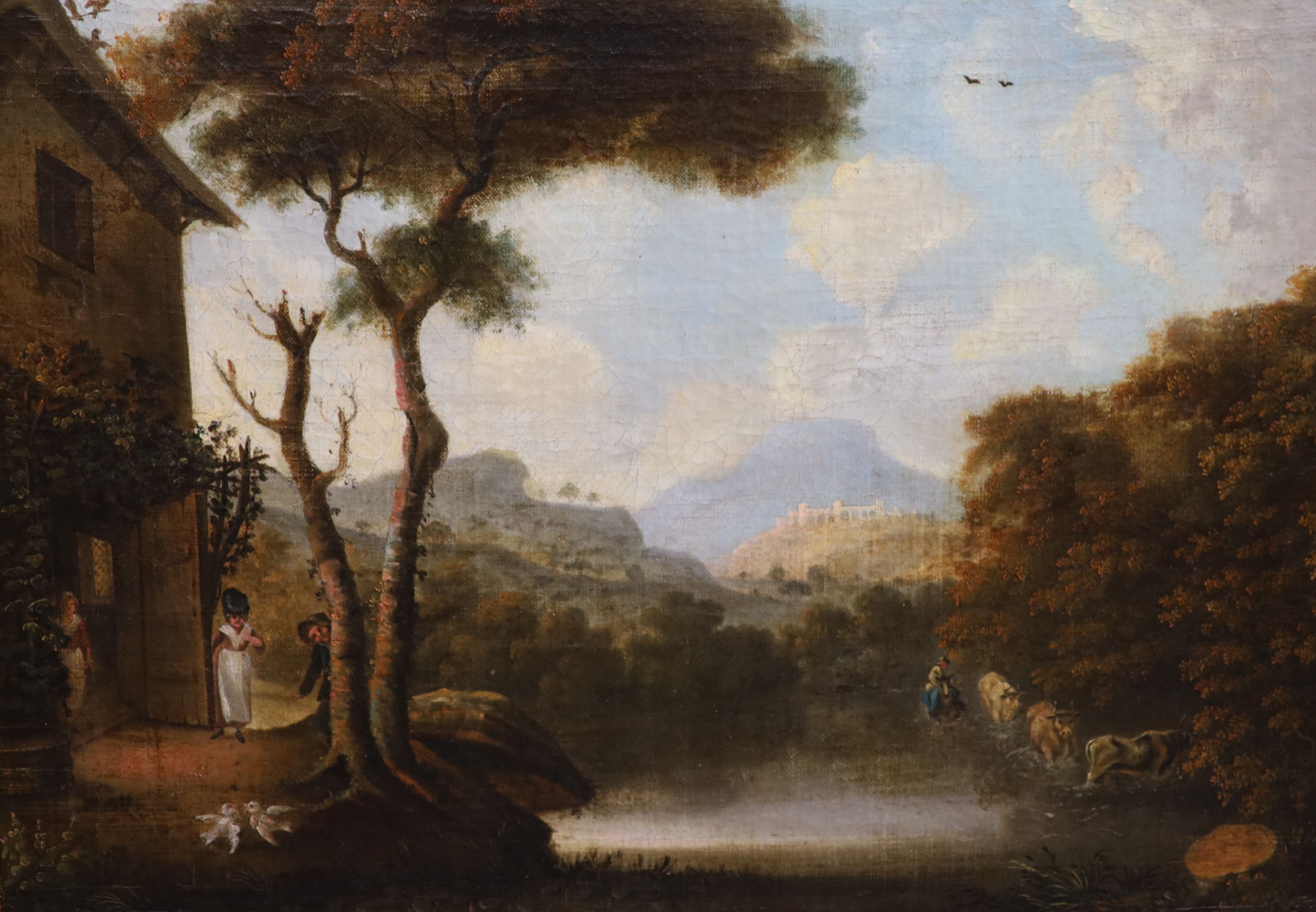 English School (18th century), oil on canvas, Classical river landscape and companion piece, a pair